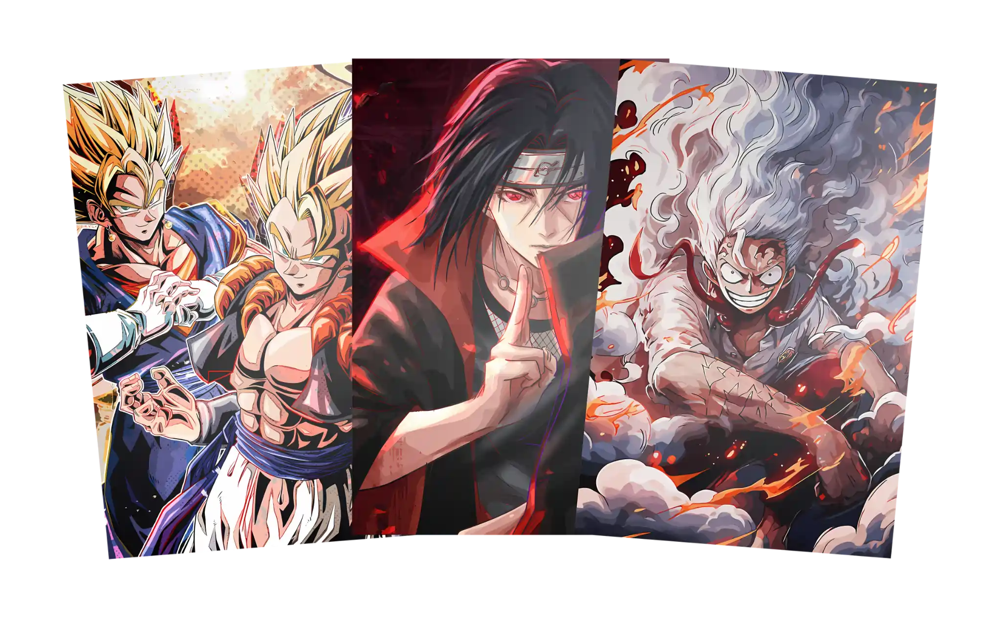 Three anime posters featuring Super Saiyan Goku and Vegeta, Itachi Uchiha, and Luffy in Gear 5 form, showcasing vibrant colors and detailed artwork.
