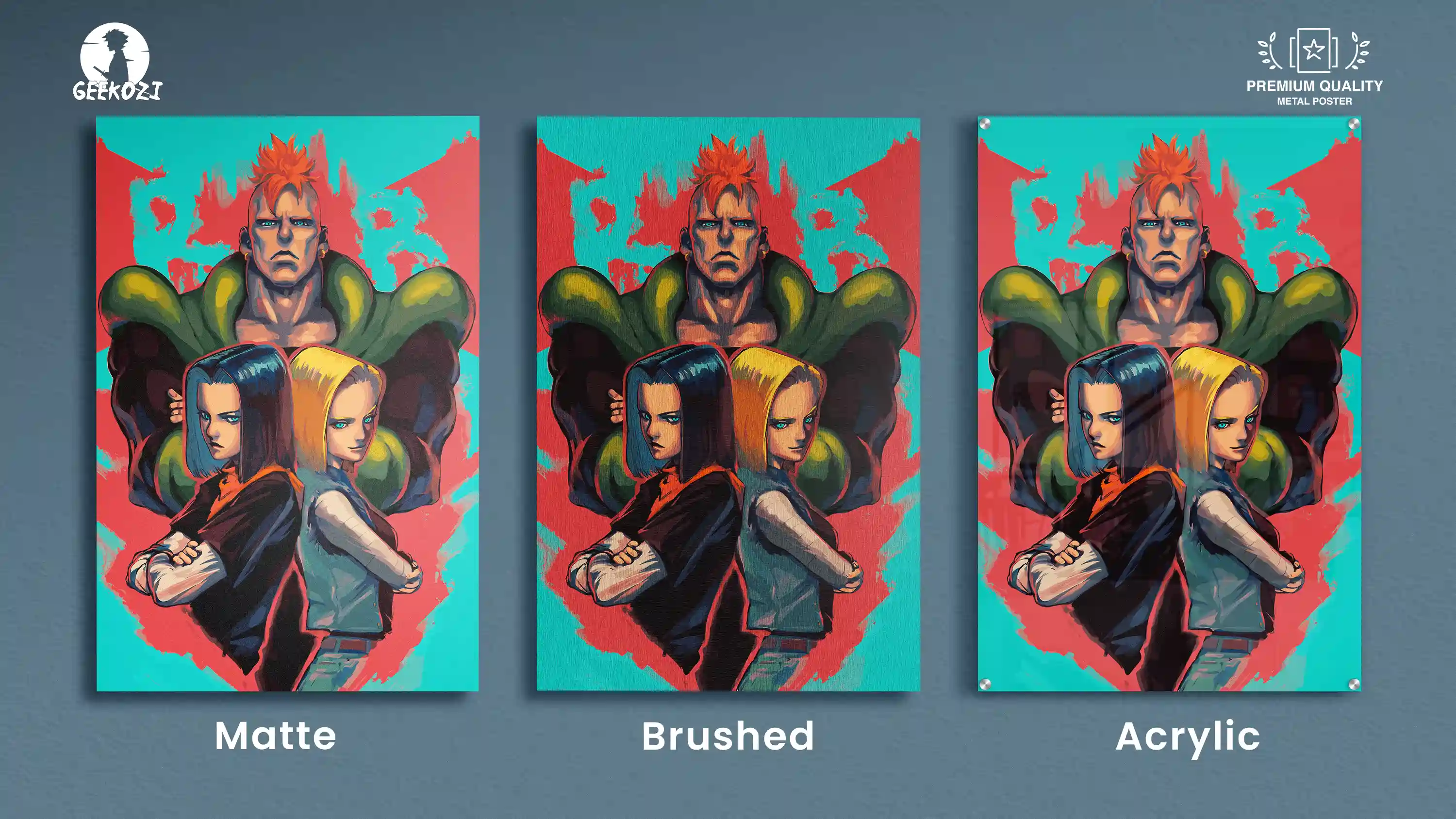Dragon Ball Android 16, 17, 18 art prints in Matte, Brushed, Acrylic finishes.