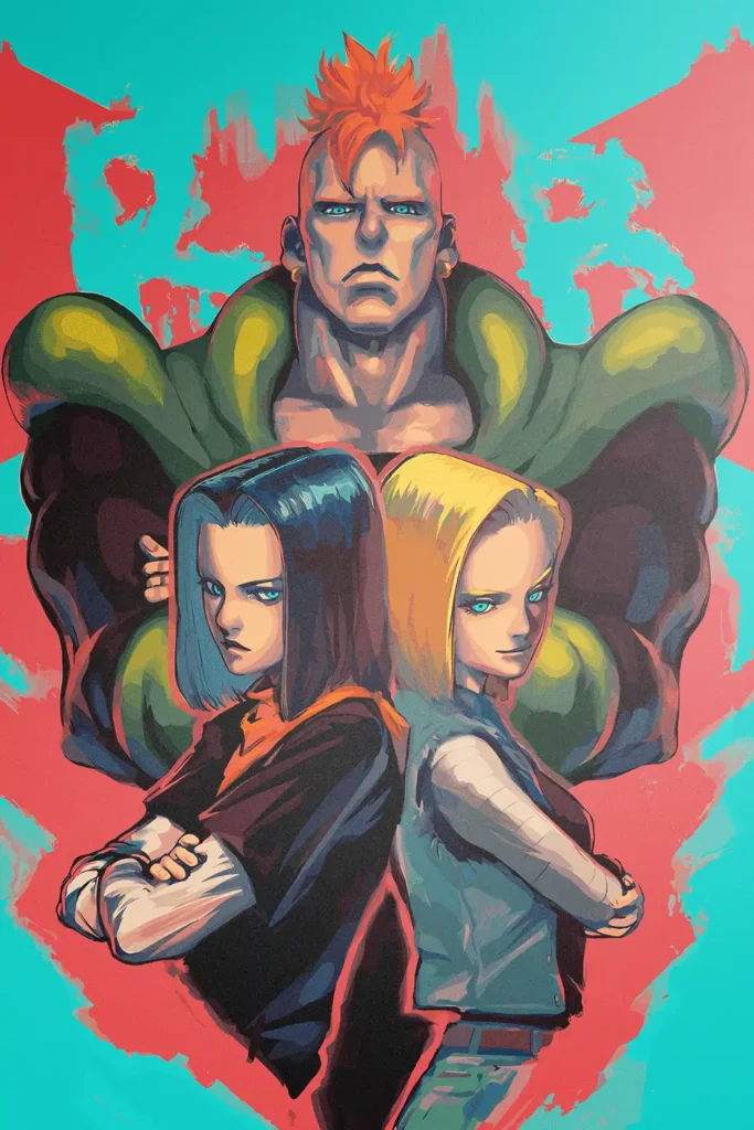 Dragon Ball Android 16, 17, 18 stylized art print with red background.