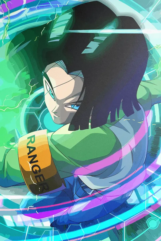 Android 17 anime character print with dynamic green and blue energy.