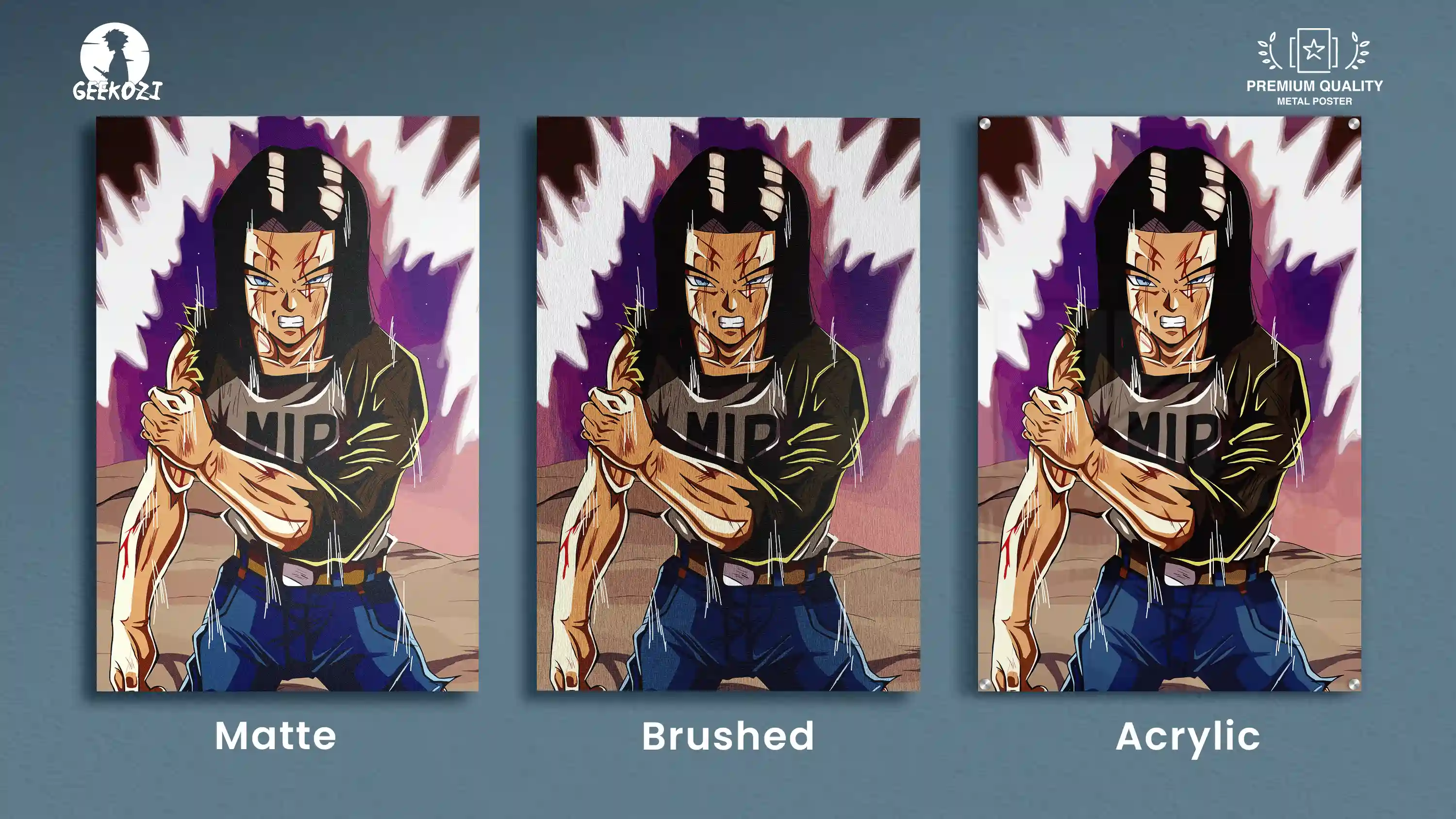 Anime character wall art with matte, brushed, and acrylic finish options.