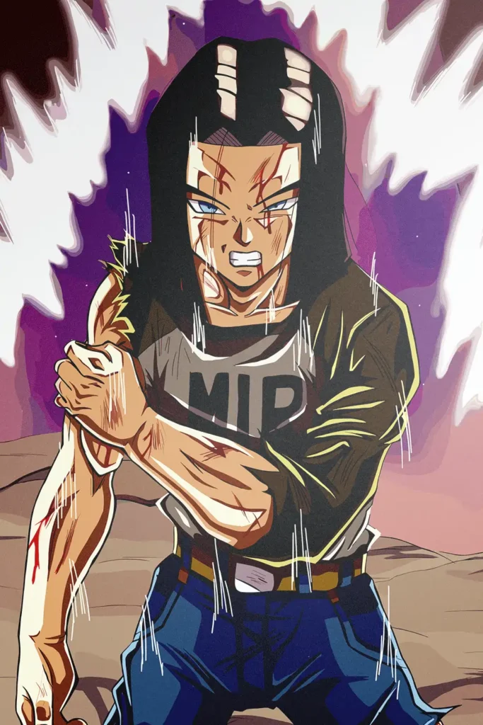 Dragon Ball Super Android 17 artwork, determined with battle wounds and purple aura.