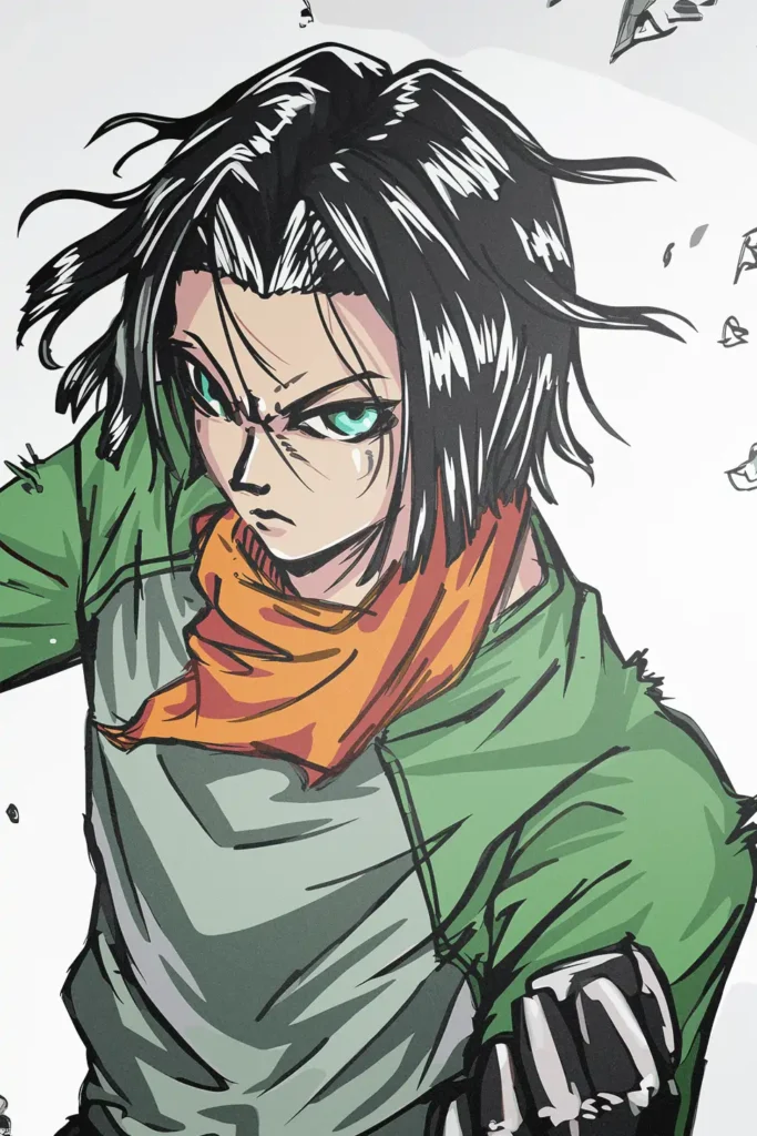 Anime Android 17 character art print with green shirt and orange scarf.