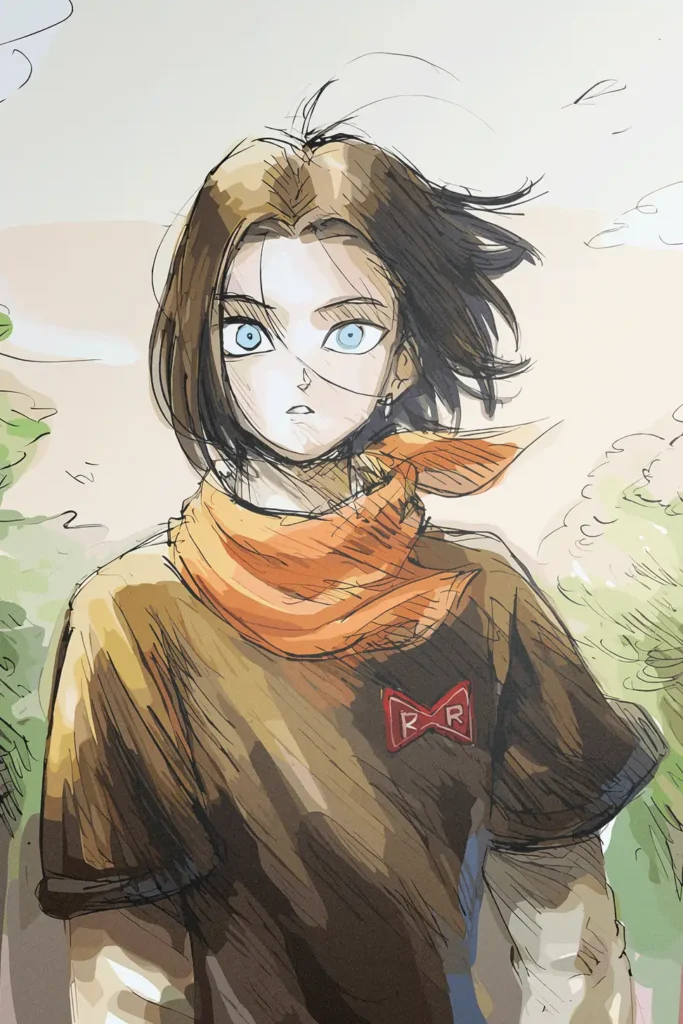 Stylized Android 17 anime art print with Red Ribbon logo, brown shirt, orange bandana.