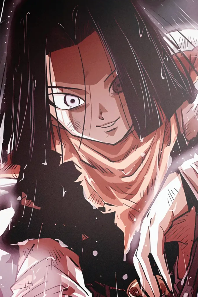 Intense anime art print of dark-haired male character with red scarf.