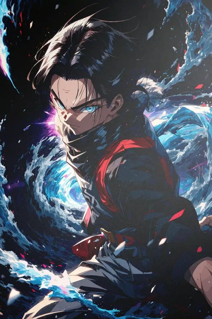 Anime art print with black-haired character, glowing blue eyes, and swirling blue energy.