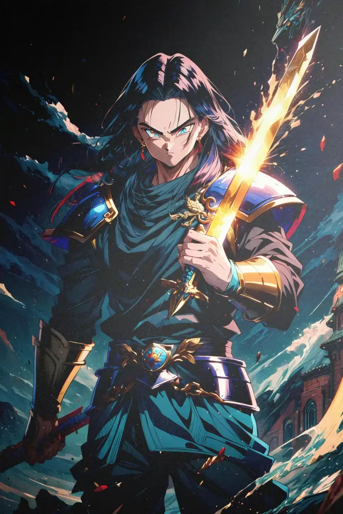Anime fantasy warrior print featuring a long-haired character with glowing golden sword.