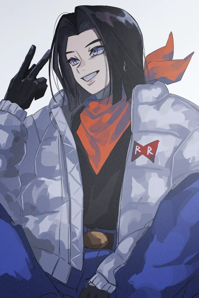Android 17 Dragon Ball Z anime art print white jacket peace sign