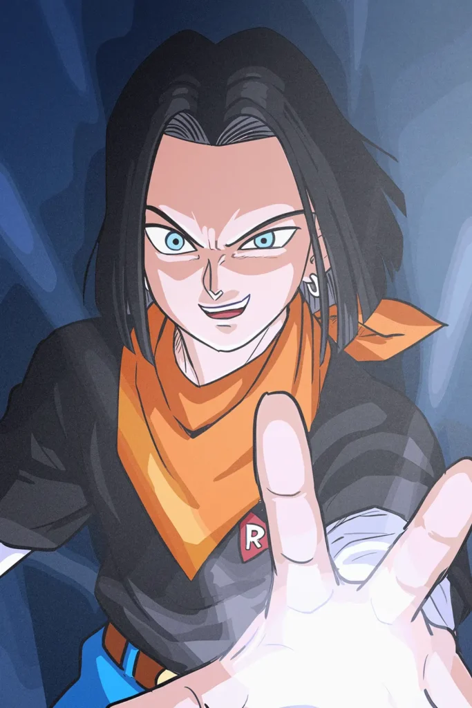 Dragon Ball Z Android 17 anime poster with glowing hand and intense expression.