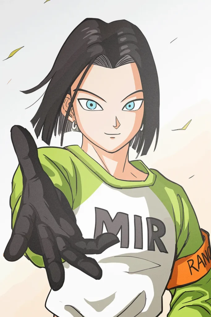 Anime character print with black hair, green shirt, black glove, extended hand.