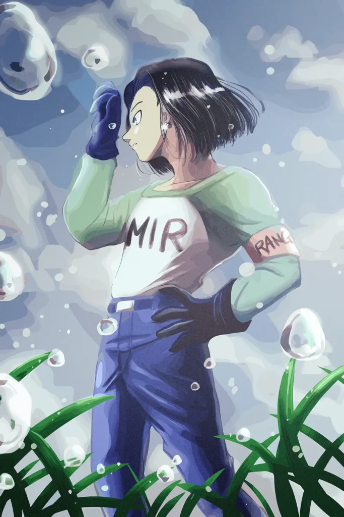 Android 17 anime art print showing him in a field with water droplets.
