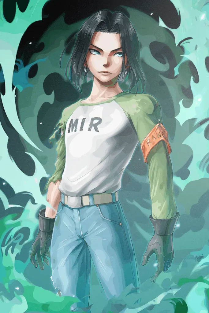 Dragon Ball Android 17 character art print with teal energy background.
