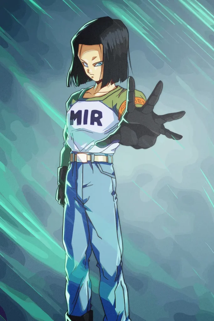 Android 17 anime art print with green shirt, blue jeans, hand extended.