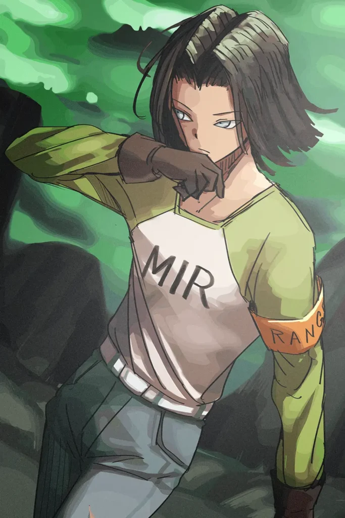 Dragon Ball Android 17 anime artwork print, green background, ranger arm band.