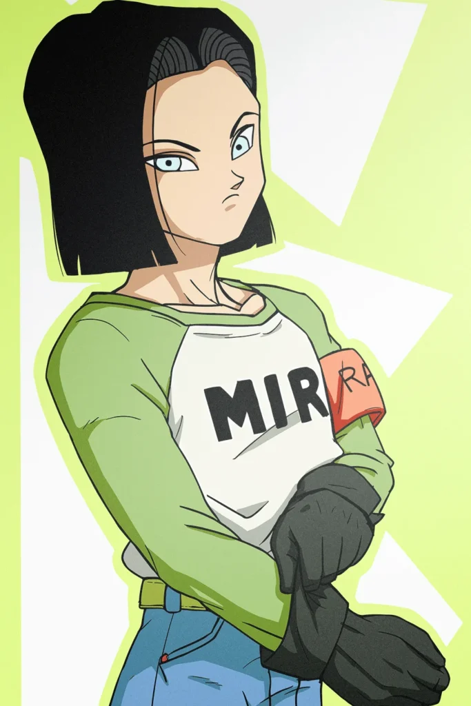 Anime character print with black hair, green shirt, and 'MIRA' text.