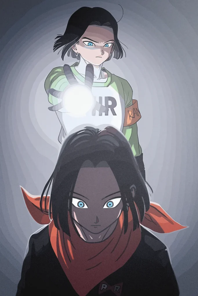 Dragon Ball Android 17 anime art print featuring two character versions.