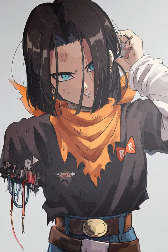 Android 17 Dragon Ball Z anime art print with a torn mechanical arm.
