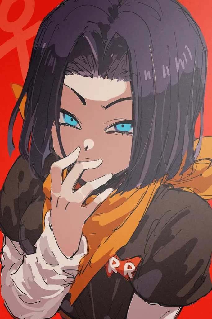 Android 17 Dragon Ball Z art print with intense blue eyes and orange scarf.
