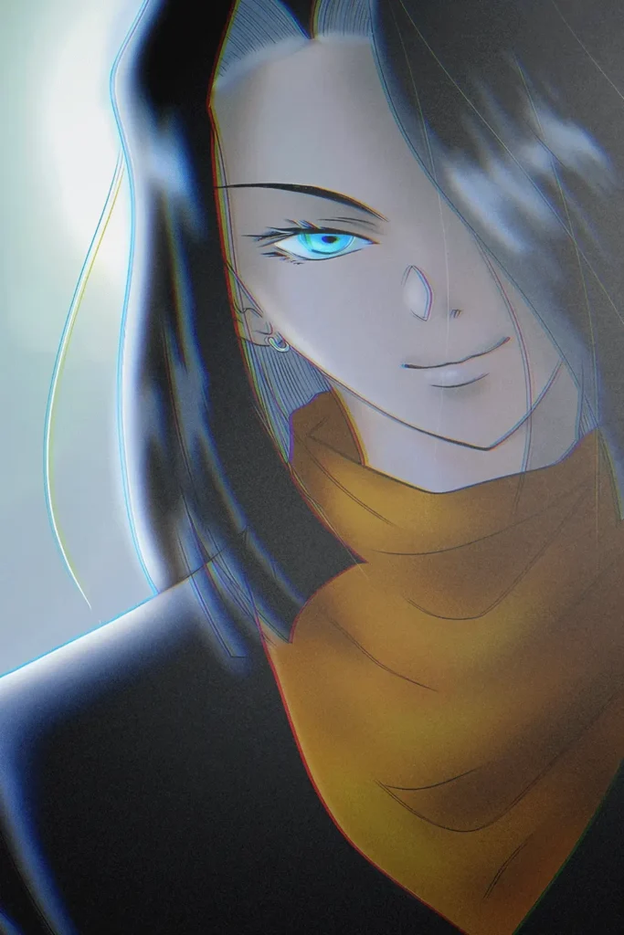 Anime illustration of a character with dark hair, bright blue eyes, and orange scarf.