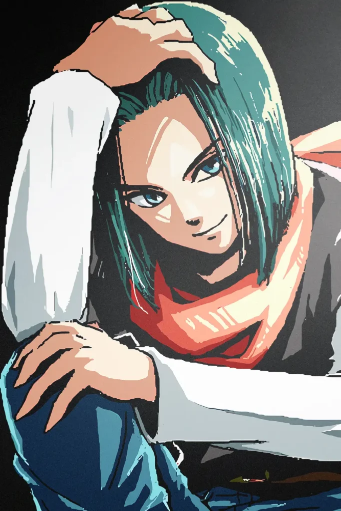 Android 17 anime art print with teal hair, red scarf, and intense gaze.