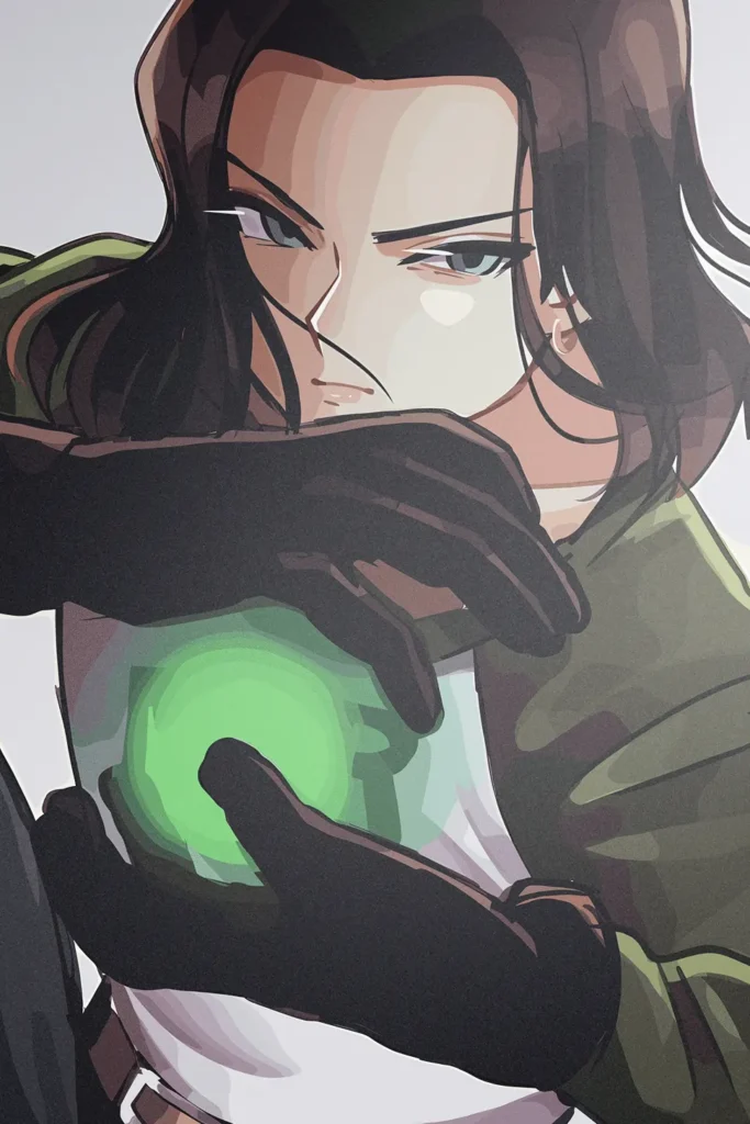 Anime print of Android 17 holding a glowing green energy orb in his hands.