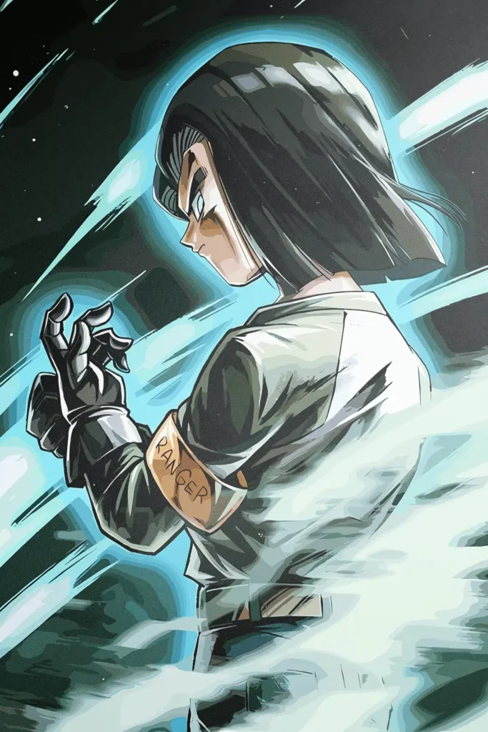Android 17 anime character art print with blue energy aura.