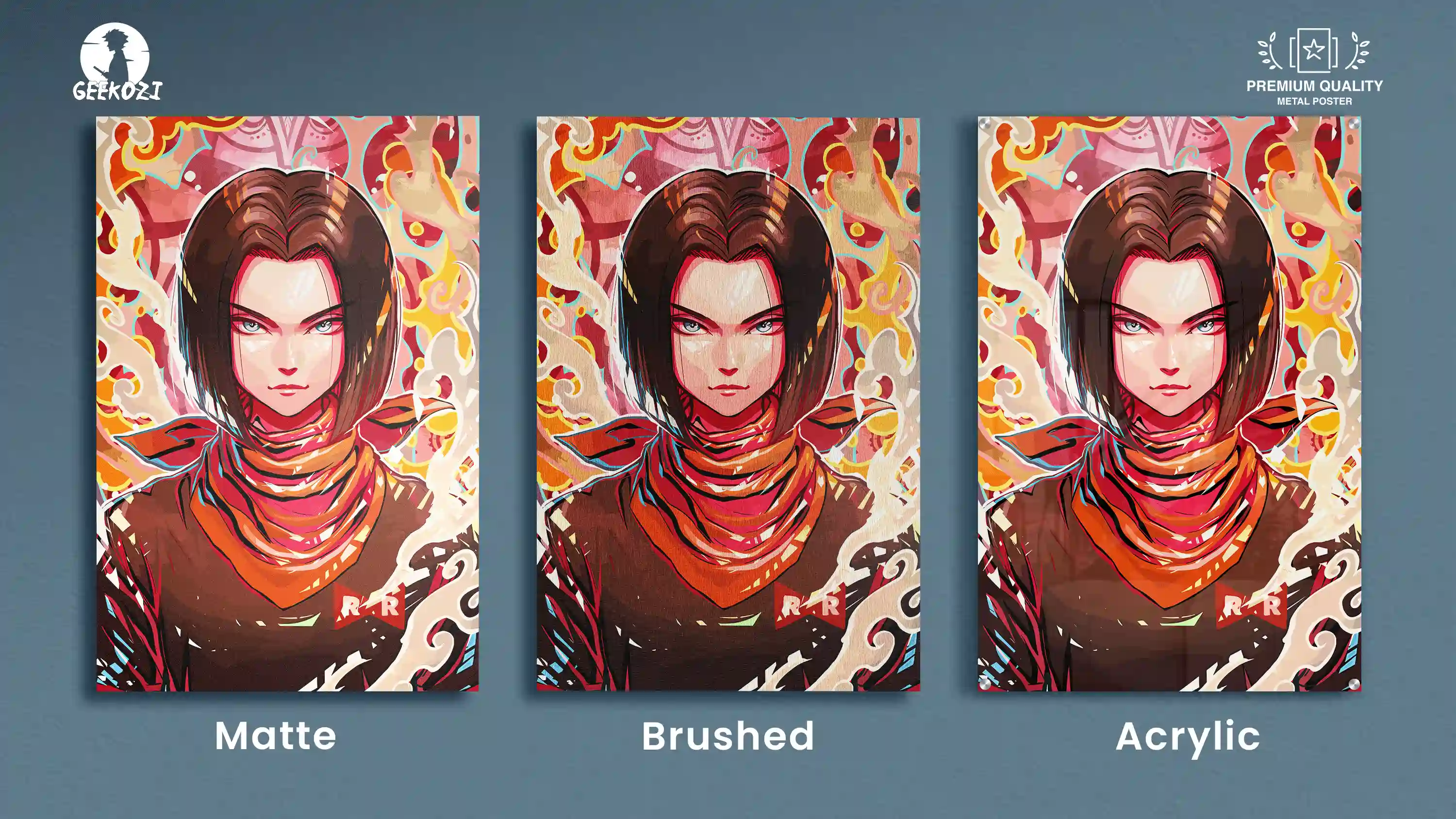 Three anime character art prints in matte, brushed, and acrylic finishes.
