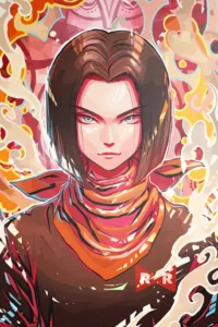 Android 17 digital art poster with Red Ribbon logo and colorful abstract background.