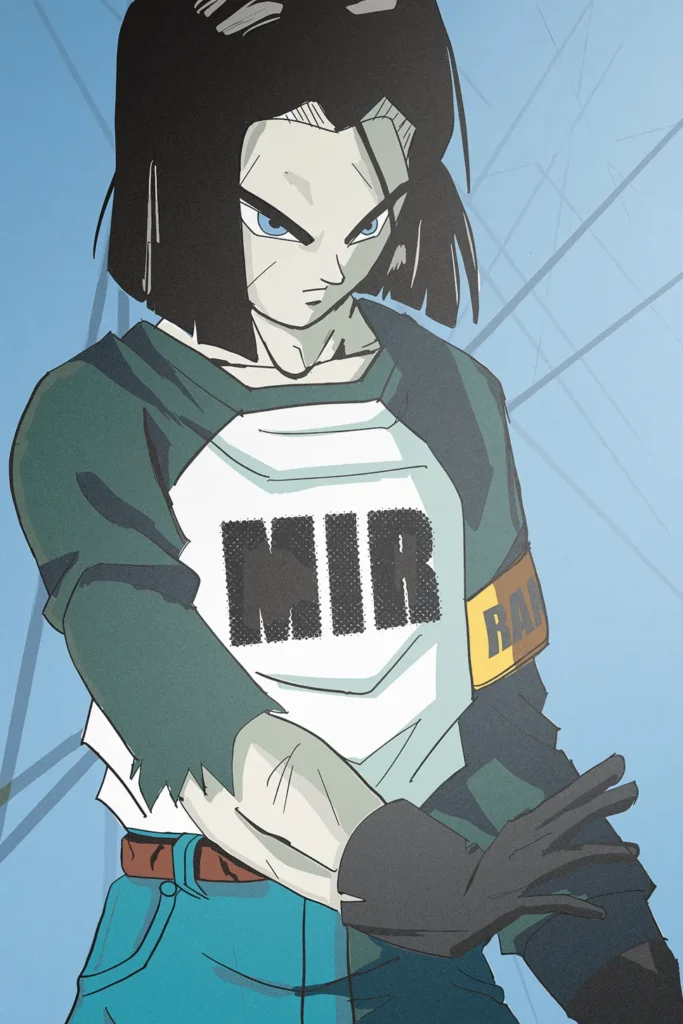 Android 17 anime character print, green shirt, blue jeans, serious pose.