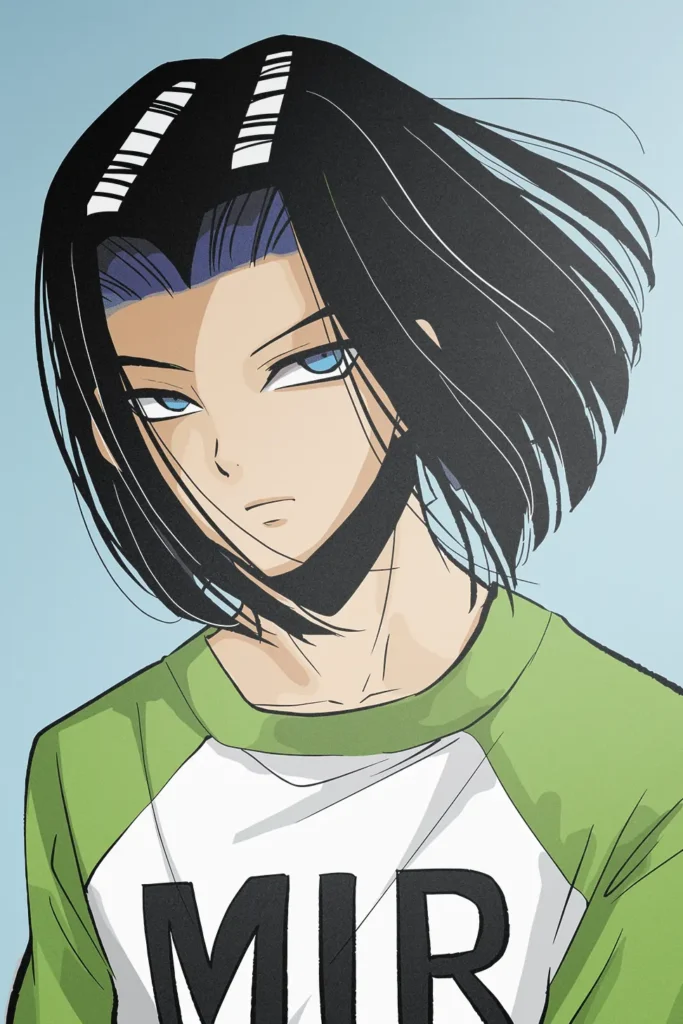 Anime art print of a character with black hair, blue eyes, and green shirt.