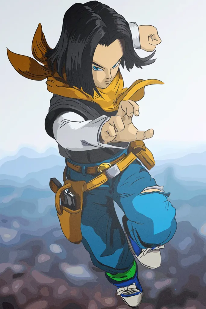 Dragon Ball Android 17 dynamic action pose anime character art print.