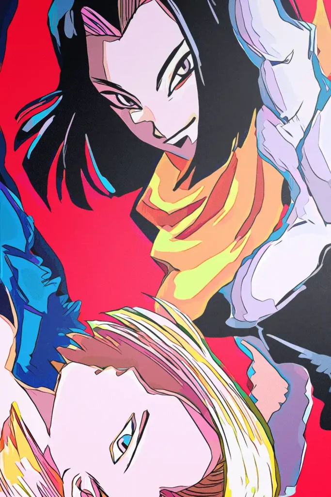 Anime print with a dark-haired male and blonde female character on red.