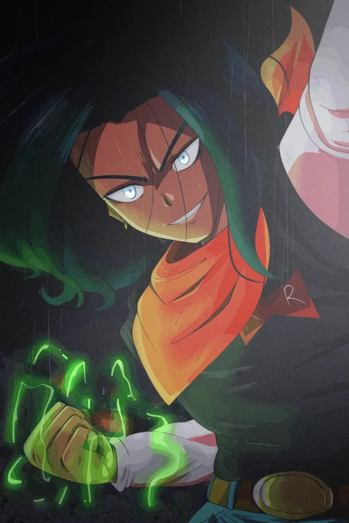 Anime art print of Android 17 with green energy and intense expression.