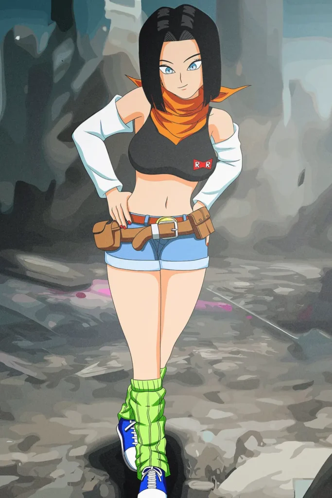 Anime art print featuring a woman with black hair, RR logo, and shorts.