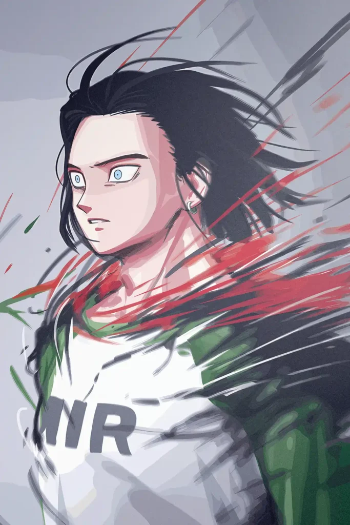Anime male character art print, dark hair, white "MR" shirt, dynamic streaks.