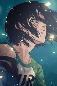 Illustrated print of a person with short dark hair, blue eyes, and green shirt.