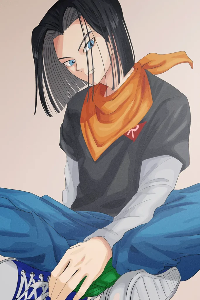Android 17 Dragon Ball anime art print featuring character sitting casually.