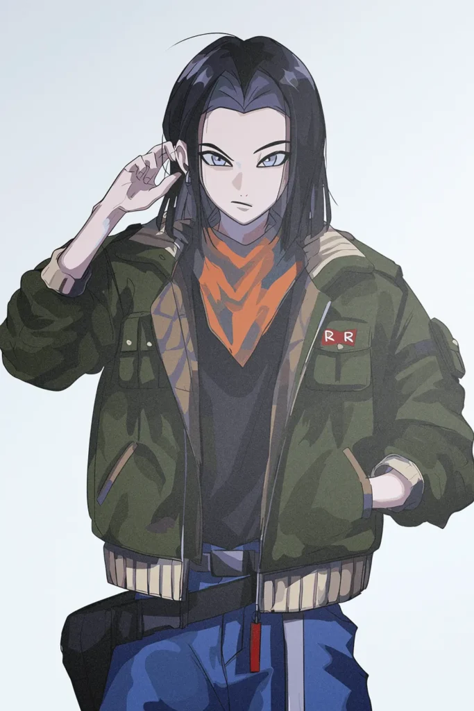 Anime male character art print with green jacket and orange scarf.