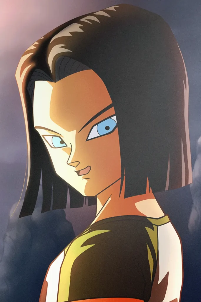 Dragon Ball Android 17 character art print with dark hair and blue eyes.