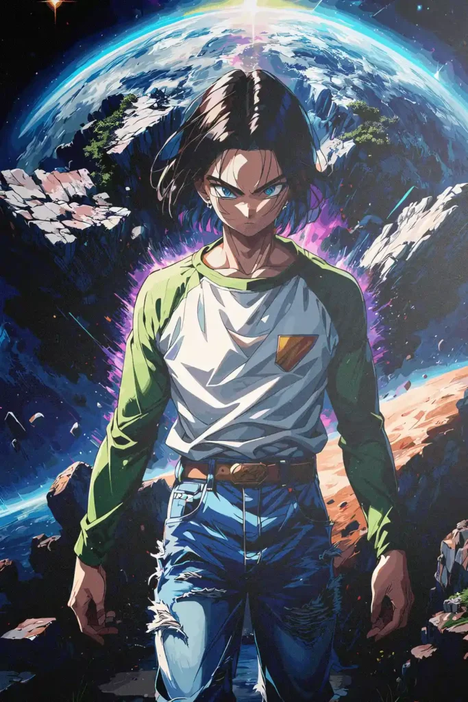 Anime character poster featuring a male figure with dark hair and a planet background.