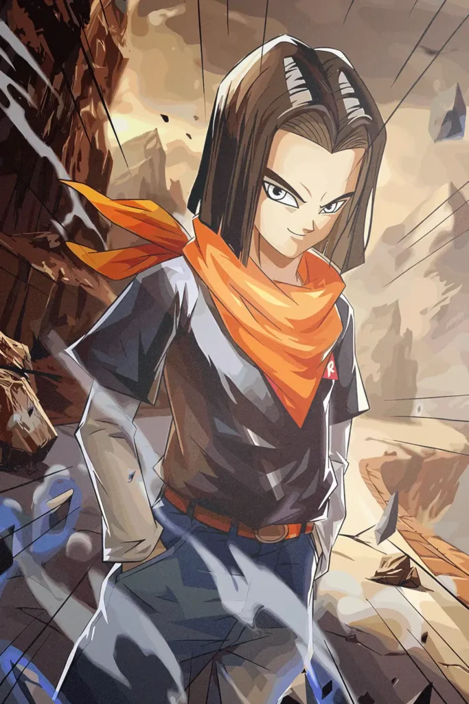 Anime art print featuring Android 17 from Dragon Ball Z in action pose.