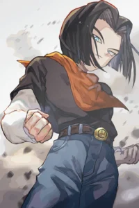 Dragon Ball Z Android 17 art print, black hair, orange scarf, determined pose.
