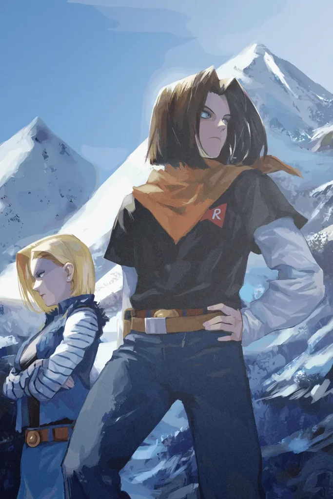 Dragon Ball Android 17 and 18 anime art print, serious pose, mountain background.