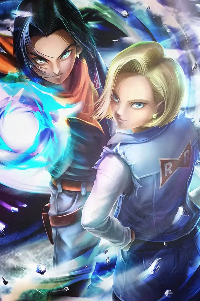Dragon Ball Android 17 and Android 18 vibrant anime art print
