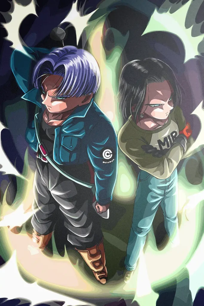 Dragon Ball Trunks and Android 17 anime art print with glowing auras.