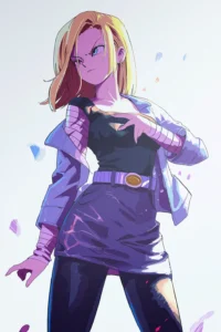 Android 18 anime art print featuring blonde character in jacket and skirt.