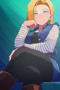 Anime illustration of a blonde woman in a denim vest and dark clothing.
