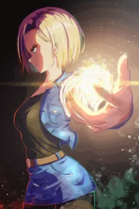 Anime Android 18 character poster with glowing energy ball