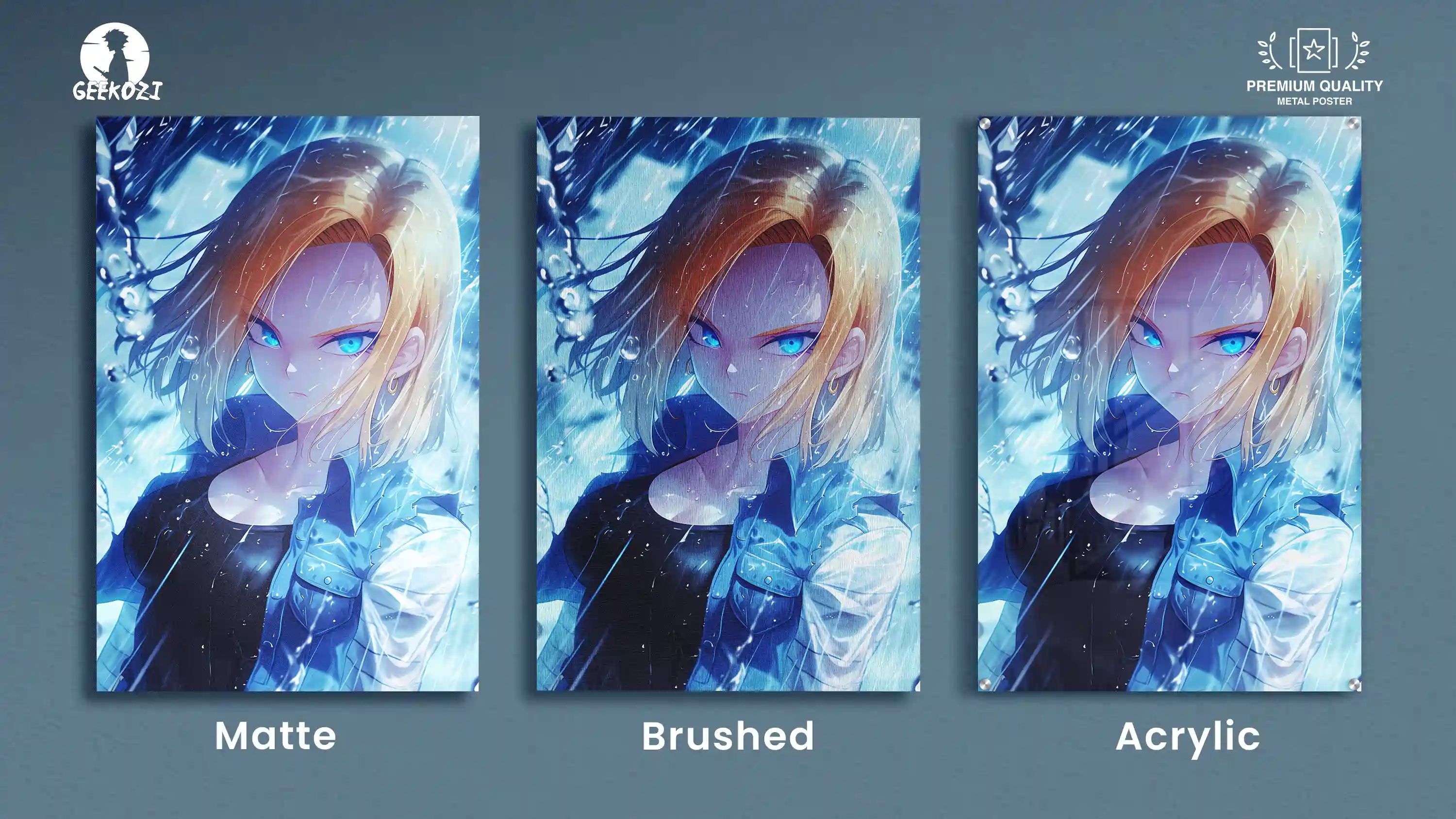 Three artwork panels of Android 18 with matte, brushed, and acrylic finishes.