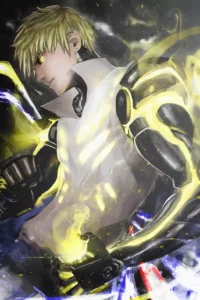 Genos One Punch Man anime metal poster artistic showcase image highlighting the design narrative